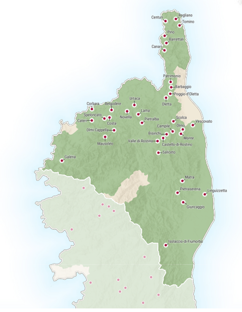 Les 36 communes de Haute-Corse sélectionnées.